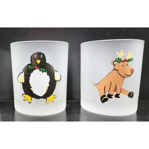 2 Dartington France Frosted Christmas Old Fashioned Glasses Reindeer /Penguin